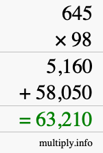 How to calculate 645 times 98 using long multiplication