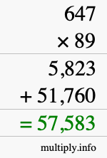 How to calculate 647 times 89 using long multiplication