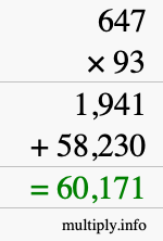 How to calculate 647 times 93 using long multiplication