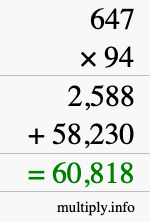 How to calculate 647 times 94 using long multiplication