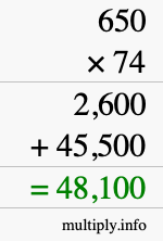 How to calculate 650 times 74 using long multiplication