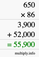 How to calculate 650 times 86 using long multiplication