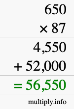 How to calculate 650 times 87 using long multiplication