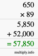 How to calculate 650 times 89 using long multiplication