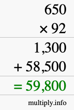 How to calculate 650 times 92 using long multiplication
