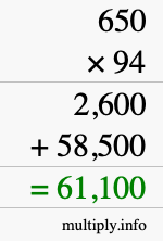 How to calculate 650 times 94 using long multiplication