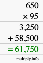 How to calculate 650 times 95 using long multiplication