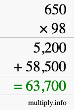 How to calculate 650 times 98 using long multiplication