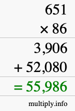 How to calculate 651 times 86 using long multiplication