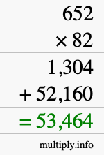 How to calculate 652 times 82 using long multiplication