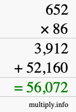 How to calculate 652 times 86 using long multiplication