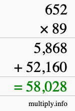 How to calculate 652 times 89 using long multiplication