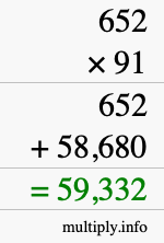How to calculate 652 times 91 using long multiplication