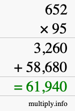 How to calculate 652 times 95 using long multiplication