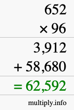 How to calculate 652 times 96 using long multiplication