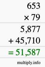 How to calculate 653 times 79 using long multiplication