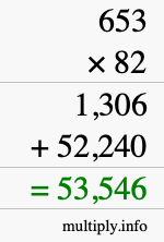 How to calculate 653 times 82 using long multiplication