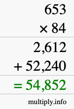 How to calculate 653 times 84 using long multiplication