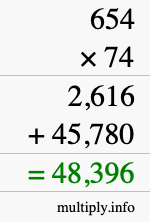 How to calculate 654 times 74 using long multiplication