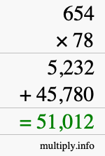 How to calculate 654 times 78 using long multiplication