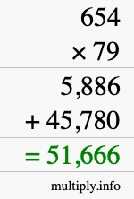 How to calculate 654 times 79 using long multiplication