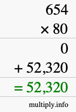How to calculate 654 times 80 using long multiplication