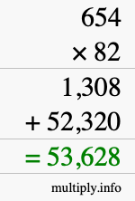 How to calculate 654 times 82 using long multiplication