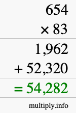 How to calculate 654 times 83 using long multiplication
