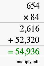 How to calculate 654 times 84 using long multiplication