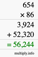 How to calculate 654 times 86 using long multiplication
