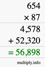 How to calculate 654 times 87 using long multiplication