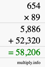 How to calculate 654 times 89 using long multiplication