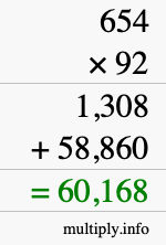 How to calculate 654 times 92 using long multiplication