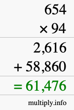 How to calculate 654 times 94 using long multiplication
