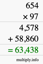 How to calculate 654 times 97 using long multiplication