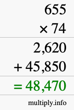 How to calculate 655 times 74 using long multiplication