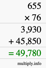 How to calculate 655 times 76 using long multiplication