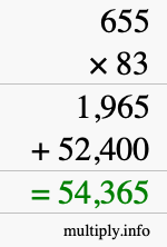 How to calculate 655 times 83 using long multiplication