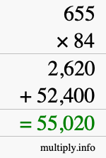 How to calculate 655 times 84 using long multiplication