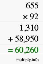 How to calculate 655 times 92 using long multiplication