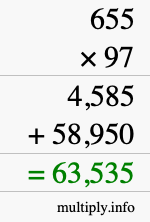 How to calculate 655 times 97 using long multiplication