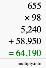 How to calculate 655 times 98 using long multiplication