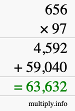 How to calculate 656 times 97 using long multiplication
