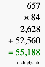 How to calculate 657 times 84 using long multiplication