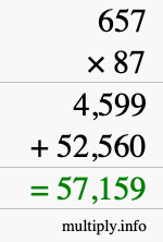 How to calculate 657 times 87 using long multiplication