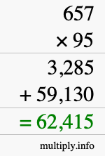 How to calculate 657 times 95 using long multiplication