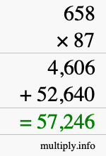 How to calculate 658 times 87 using long multiplication