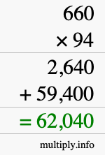 How to calculate 660 times 94 using long multiplication