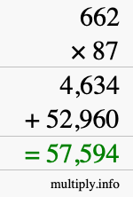 How to calculate 662 times 87 using long multiplication