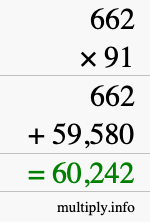 How to calculate 662 times 91 using long multiplication